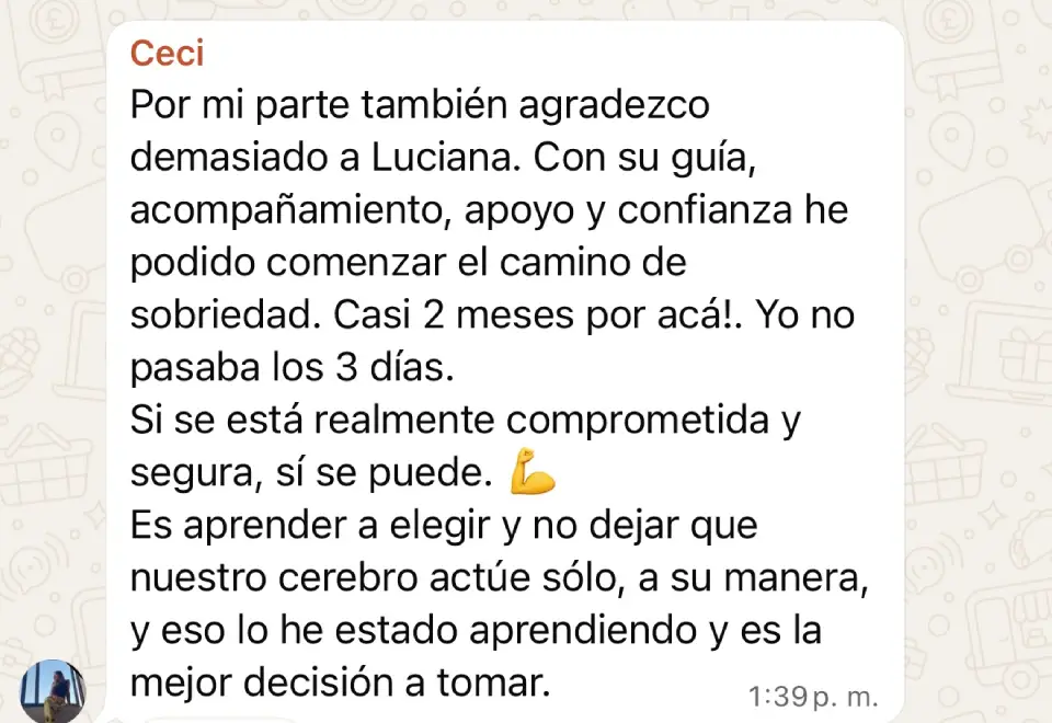 Mensaje de una clienta describiendo su proceso